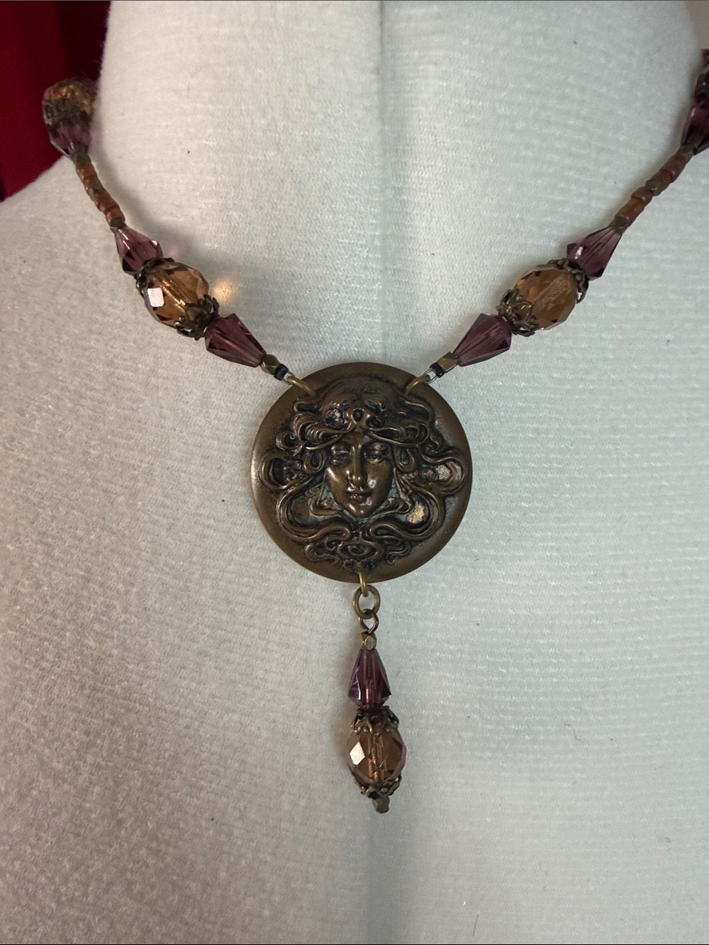 Vintage-Inspired Bronze Medallion Necklace with Purple and Amber Beads